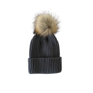 New Merino Wool Fur Pom Pom Beanie - Gray